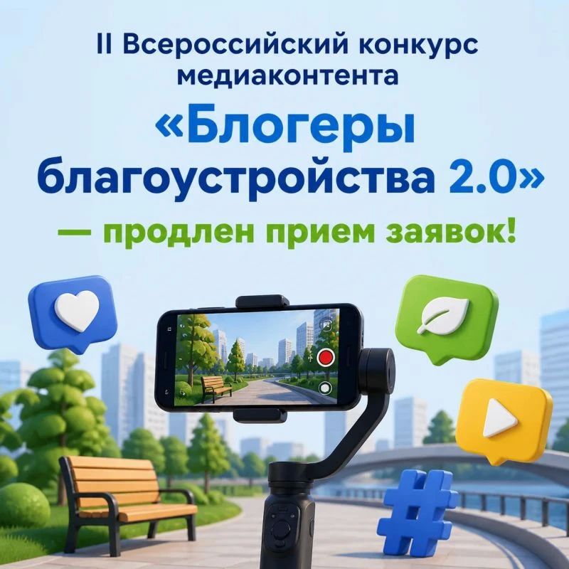 Прием конкурсных заявок на II Всероссийский конкурс медиаконтента о благоустройстве «Блогеры благоустройства 2.0» продлен до 15 сентября 2026 года